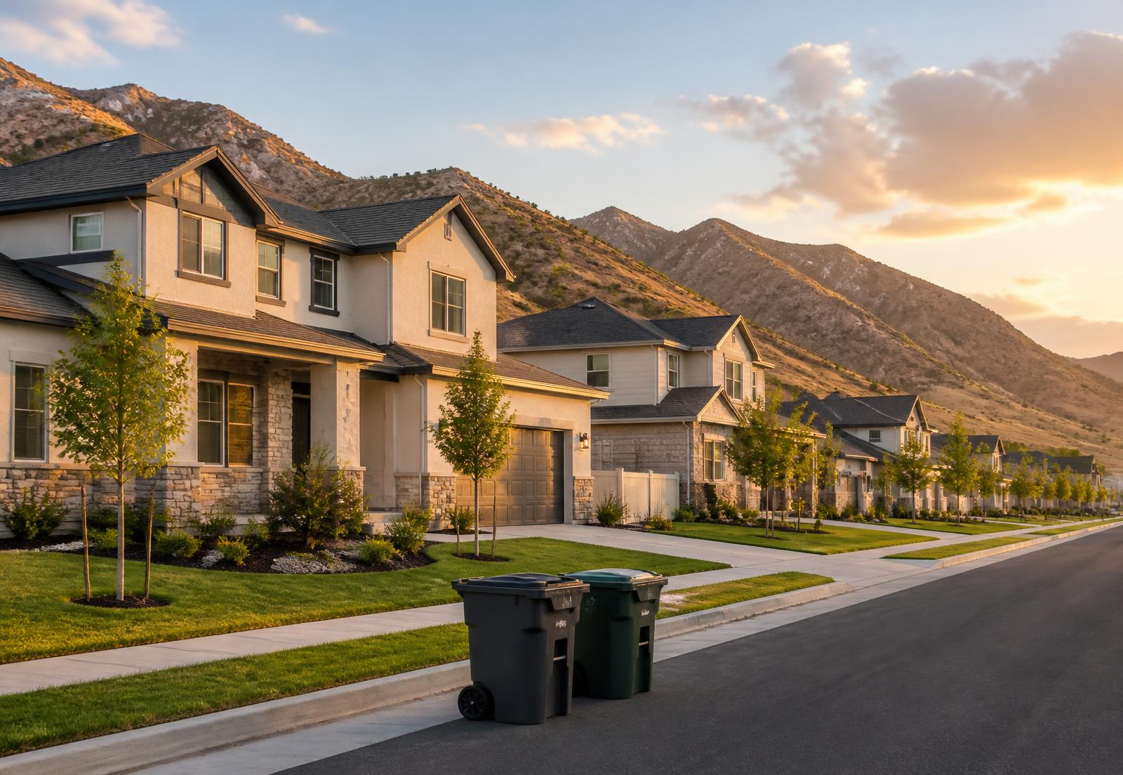Trash bins neatly placed at the curb in a Utah neighborhood at golden hour